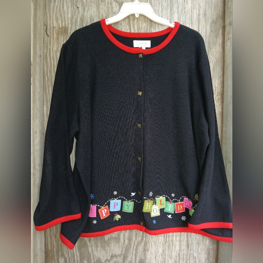 C.J. Banks Black and Red "Happy Holidays"  Cardigan Sweater, Size 3X